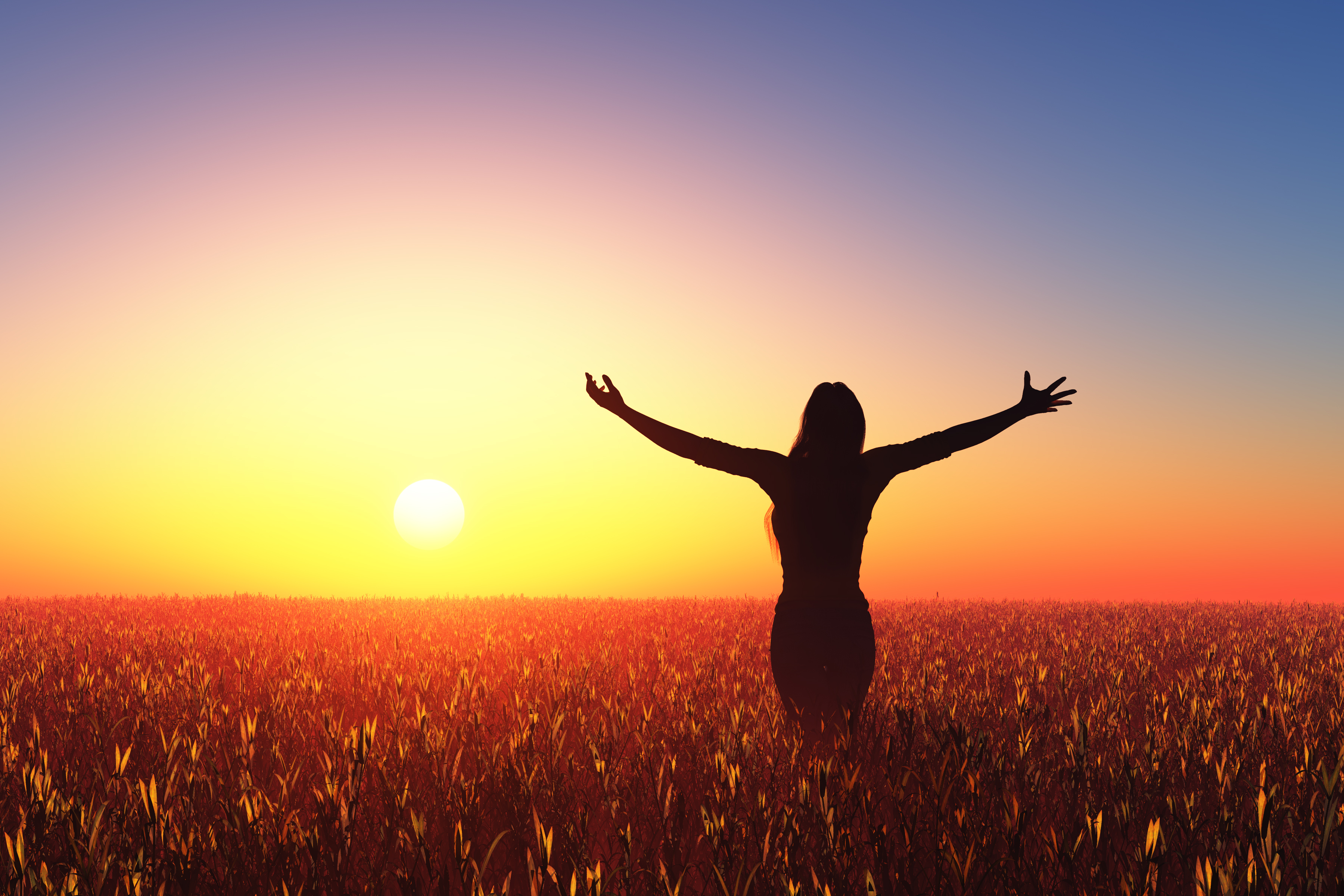 woman in field at sunset