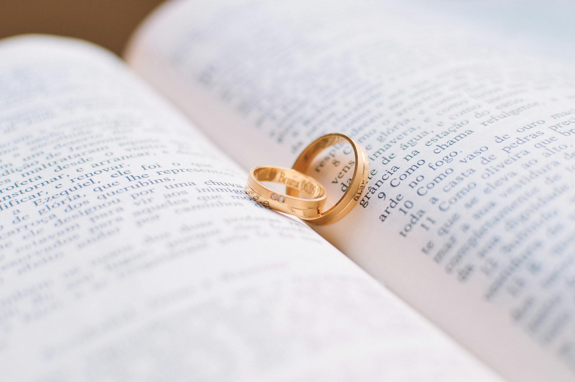 Gold wedding rings on an open book